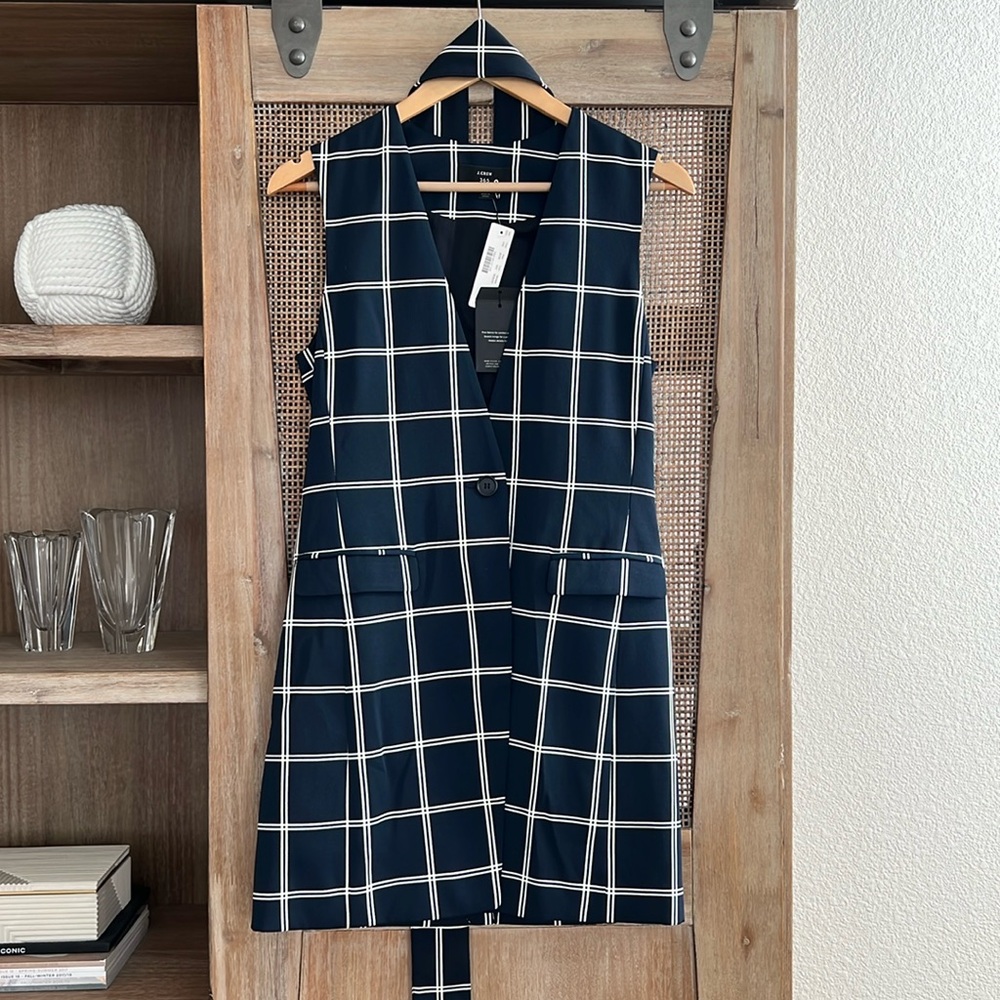NWT J.CREW 365 French Girl Windowpane Vest Blazer size 0 Navy Blue Checkered